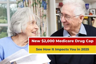 Senior couple checking Medicare Part D documents at home