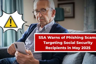 Concerned senior reading a suspicious email on a mobile with a warning symbol on screen