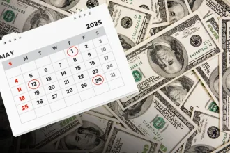 Calendar with May 1, 2, and 30 highlighted, Social Security card and cash on table.
