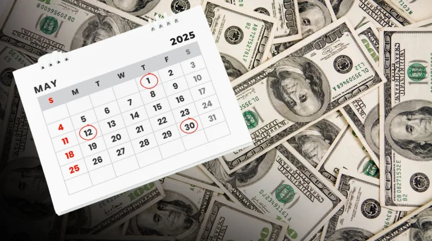 Calendar with May 1, 2, and 30 highlighted, Social Security card and cash on table.
