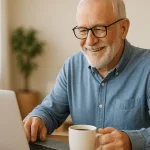 A senior man working on a laptop at home with a cup of coffee, smiling representing flexible work while receiving Social Security.