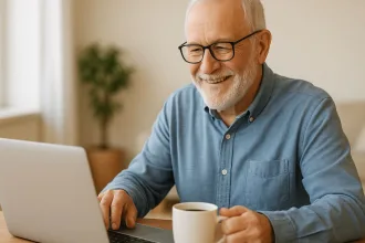 A senior man working on a laptop at home with a cup of coffee, smiling representing flexible work while receiving Social Security.