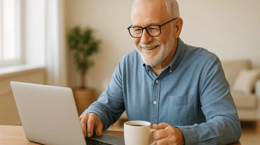 A senior man working on a laptop at home with a cup of coffee, smiling representing flexible work while receiving Social Security.